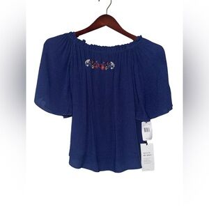 NWT Blue Off Shoulder Embroidered Boho Peasant Top Large